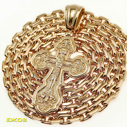 На заказ Золотой православный крест 9 грамм и золотая цепь плотного Якорного плетения 50 грамм с замком бабочка 585